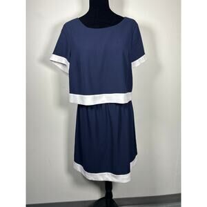 Tommy Hilfiger navy dress white trim short sleeves zipper knee length Sz 12 ￼